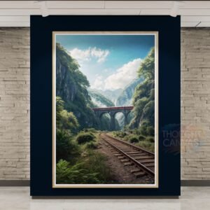 Mountain Railway Journey Print: Curved Stone Bridge and Sprawling Tree Painting, Misty Distant Peaks with Blue Sky, Travel Poster Art