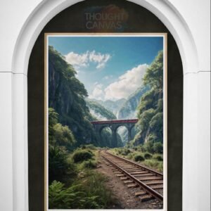 Vibrant digital landscape painting of a curved stone arch railway bridge cutting through a lush green mountainous forest. A small blue and red train travels along the tracks toward misty distant mountains under a bright blue sky with clouds.