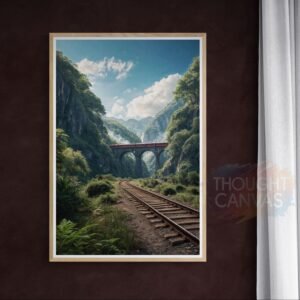 Vibrant digital landscape painting of a curved stone arch railway bridge cutting through a lush green mountainous forest. A small blue and red train travels along the tracks toward misty distant mountains under a bright blue sky with clouds.