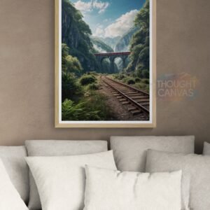 Vibrant digital landscape painting of a curved stone arch railway bridge cutting through a lush green mountainous forest. A small blue and red train travels along the tracks toward misty distant mountains under a bright blue sky with clouds.