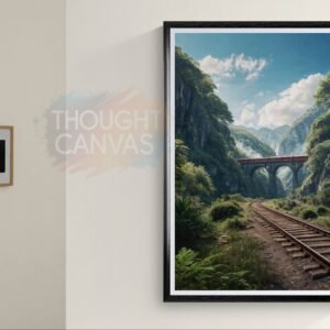 Vibrant digital landscape painting of a curved stone arch railway bridge cutting through a lush green mountainous forest. A small blue and red train travels along the tracks toward misty distant mountains under a bright blue sky with clouds.