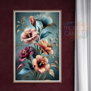Vibrant Floral Arrangement Wall Art: Detailed Pink Orange Blue Blooms, Rich Textured Teal Background, Modern Botanical Digital Print