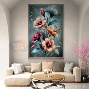 Intricate digital botanical illustration of large flowers in pink, orange, blue, and burgundy with layered petals. The arrangement features curved green leaves set against a heavily textured teal background, creating a sense of movement.
