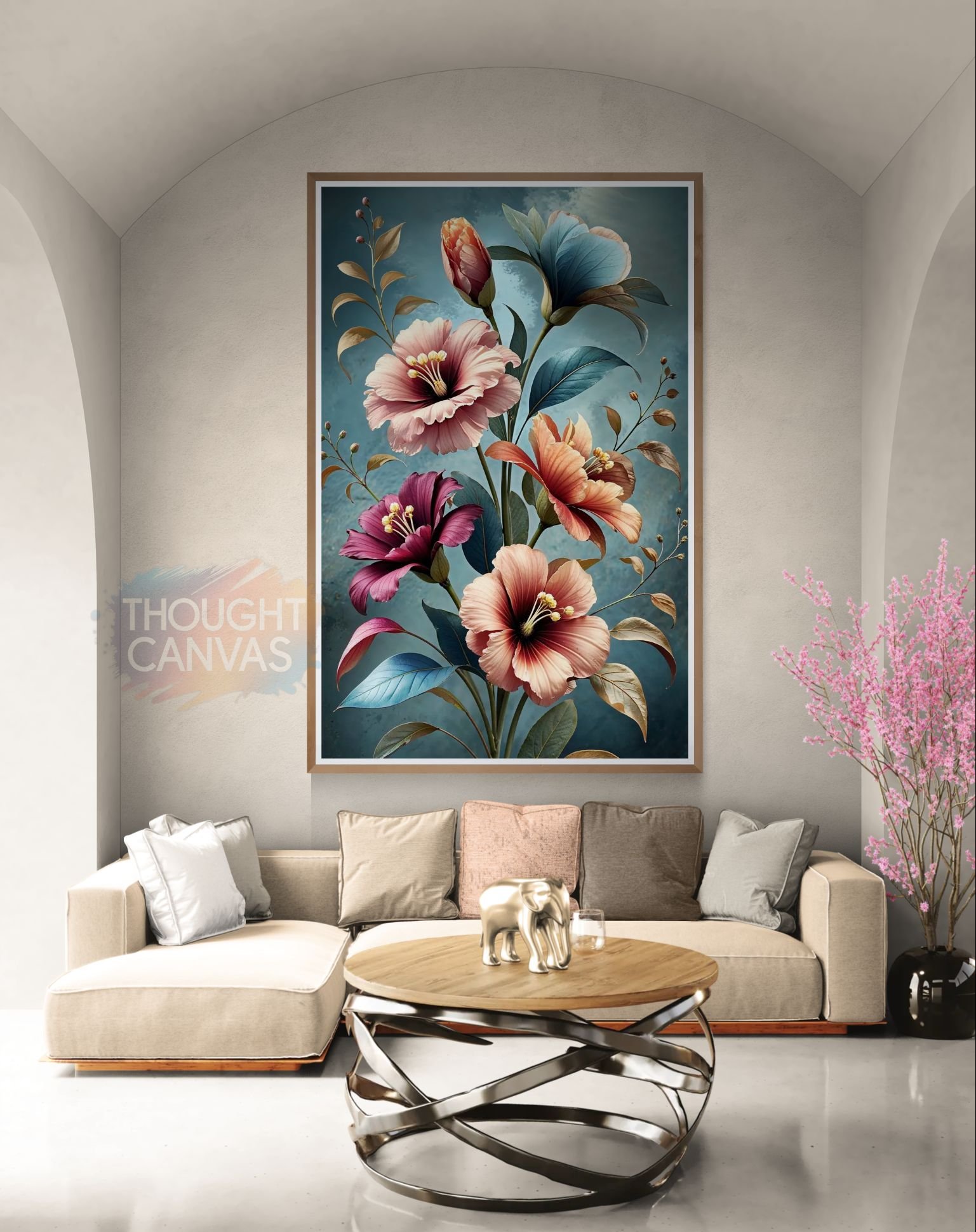 Intricate digital botanical illustration of large flowers in pink, orange, blue, and burgundy with layered petals. The arrangement features curved green leaves set against a heavily textured teal background, creating a sense of movement.