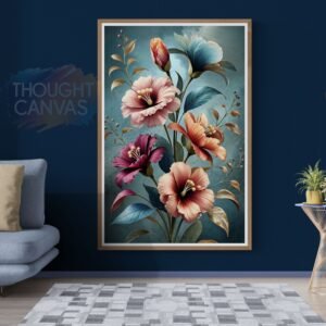 Intricate digital botanical illustration of large flowers in pink, orange, blue, and burgundy with layered petals. The arrangement features curved green leaves set against a heavily textured teal background, creating a sense of movement.