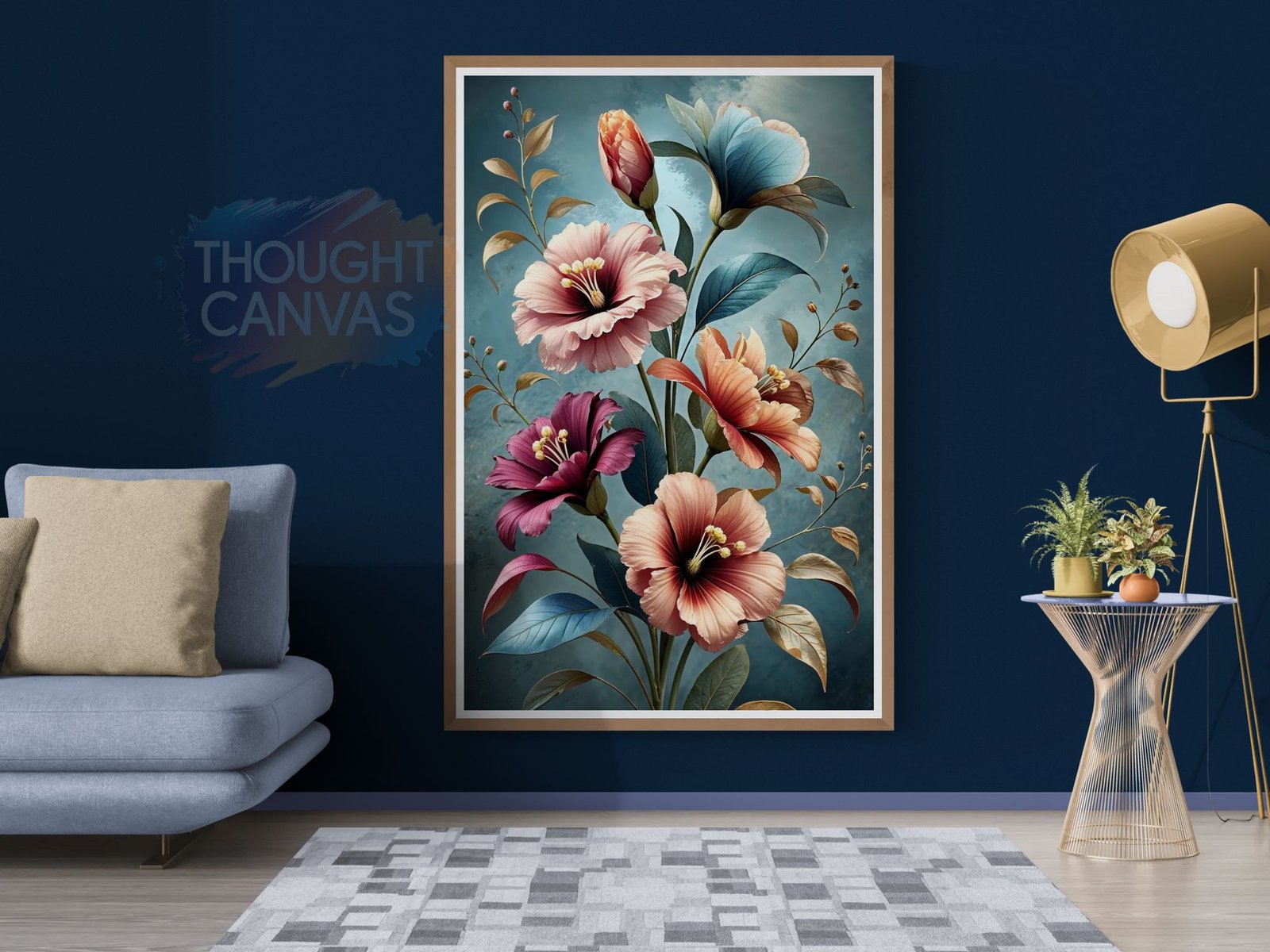 Intricate digital botanical illustration of large flowers in pink, orange, blue, and burgundy with layered petals. The arrangement features curved green leaves set against a heavily textured teal background, creating a sense of movement.