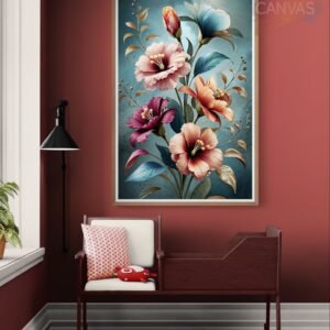 Intricate digital botanical illustration of large flowers in pink, orange, blue, and burgundy with layered petals. The arrangement features curved green leaves set against a heavily textured teal background, creating a sense of movement.
