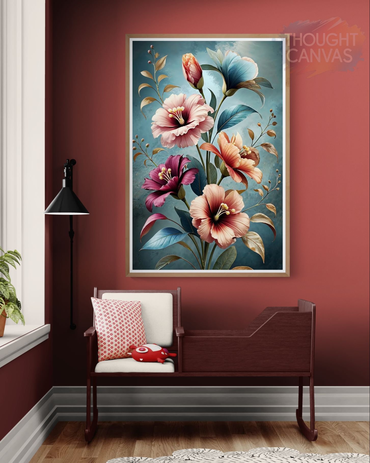 Intricate digital botanical illustration of large flowers in pink, orange, blue, and burgundy with layered petals. The arrangement features curved green leaves set against a heavily textured teal background, creating a sense of movement.