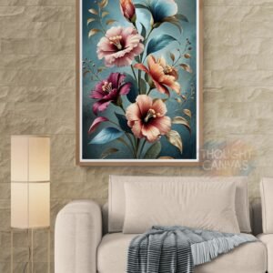 Intricate digital botanical illustration of large flowers in pink, orange, blue, and burgundy with layered petals. The arrangement features curved green leaves set against a heavily textured teal background, creating a sense of movement.
