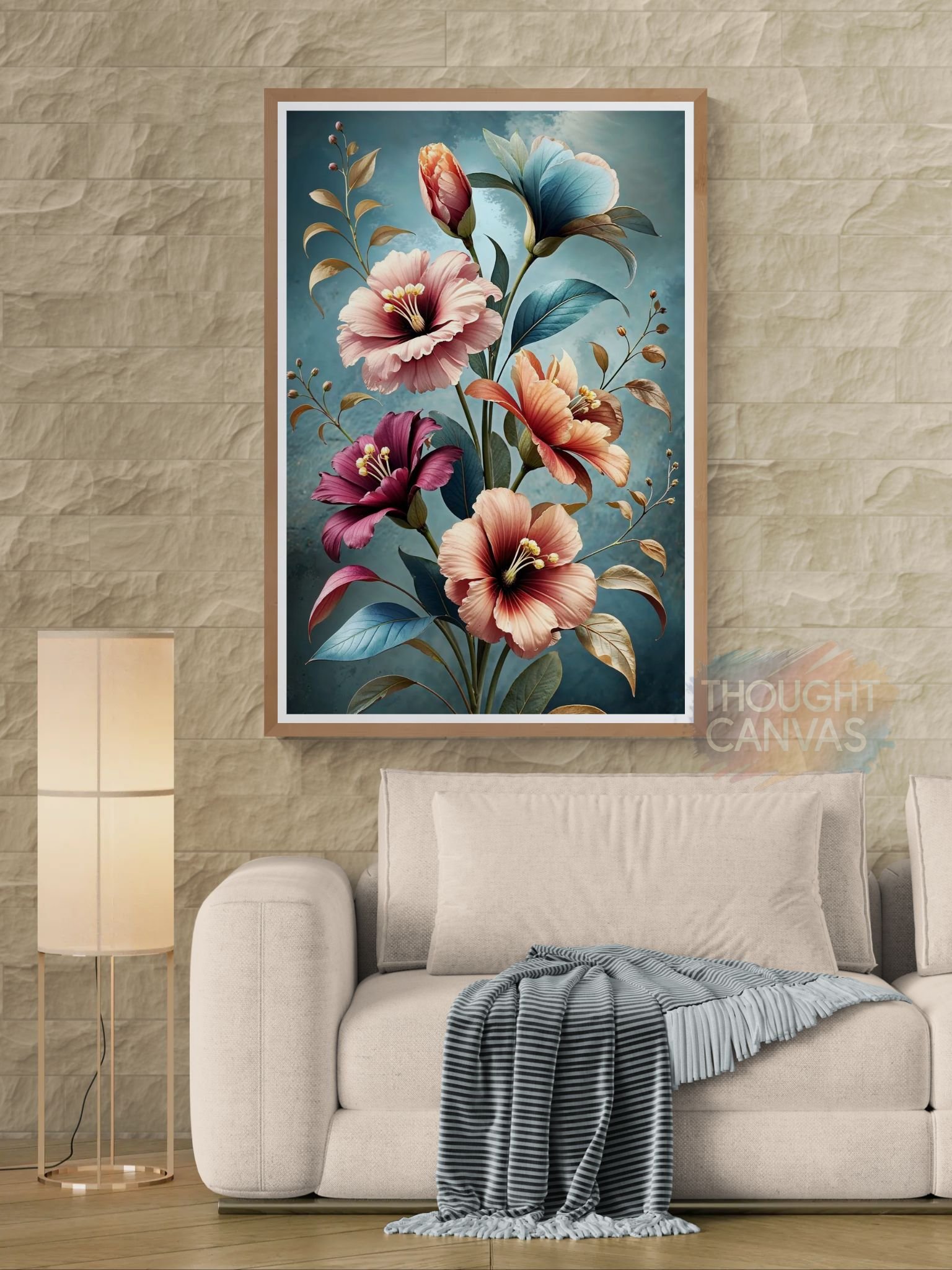 Intricate digital botanical illustration of large flowers in pink, orange, blue, and burgundy with layered petals. The arrangement features curved green leaves set against a heavily textured teal background, creating a sense of movement.