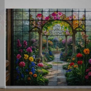 Digital illustration of an elegant garden landscape in a vibrant stained glass style. The design features a colorful array of flowers with intricate, bold outlines, mimicking a leaded glass window effect in jewel tones.