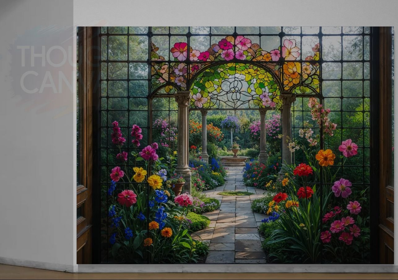 Digital illustration of an elegant garden landscape in a vibrant stained glass style. The design features a colorful array of flowers with intricate, bold outlines, mimicking a leaded glass window effect in jewel tones.