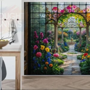 Digital illustration of an elegant garden landscape in a vibrant stained glass style. The design features a colorful array of flowers with intricate, bold outlines, mimicking a leaded glass window effect in jewel tones.
