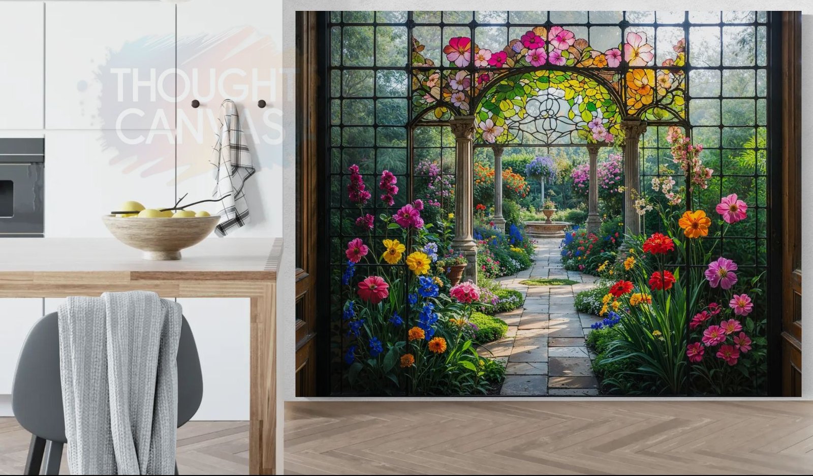 Digital illustration of an elegant garden landscape in a vibrant stained glass style. The design features a colorful array of flowers with intricate, bold outlines, mimicking a leaded glass window effect in jewel tones.