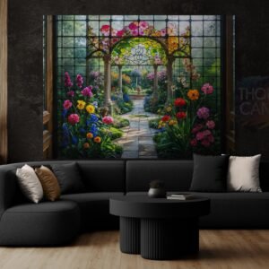 Digital illustration of an elegant garden landscape in a vibrant stained glass style. The design features a colorful array of flowers with intricate, bold outlines, mimicking a leaded glass window effect in jewel tones.