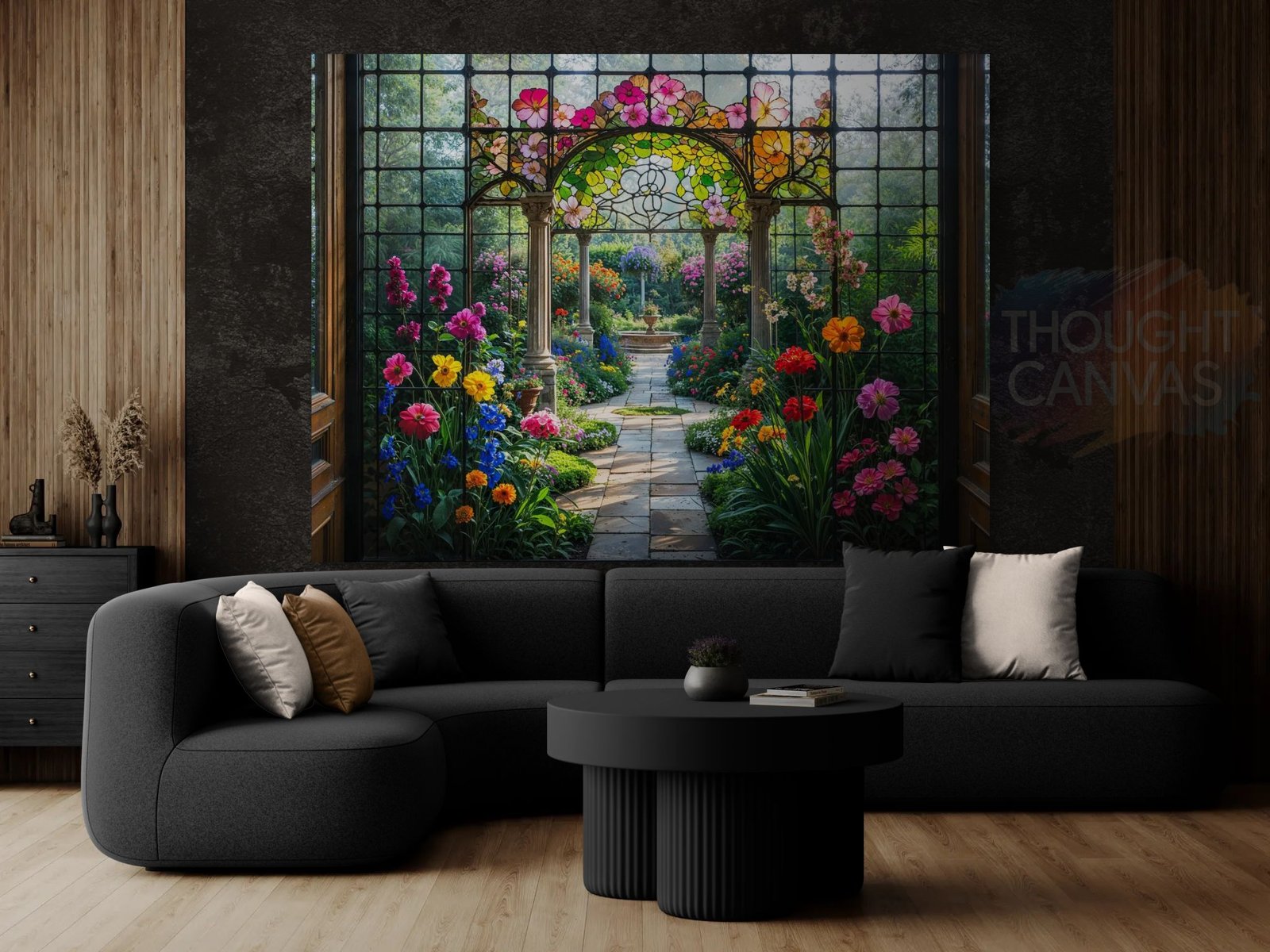 Digital illustration of an elegant garden landscape in a vibrant stained glass style. The design features a colorful array of flowers with intricate, bold outlines, mimicking a leaded glass window effect in jewel tones.