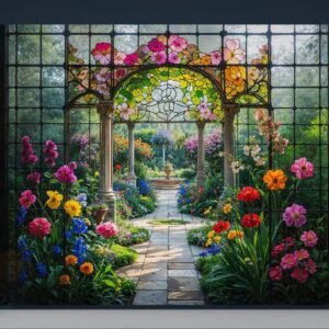 Digital illustration of an elegant garden landscape in a vibrant stained glass style. The design features a colorful array of flowers with intricate, bold outlines, mimicking a leaded glass window effect in jewel tones.