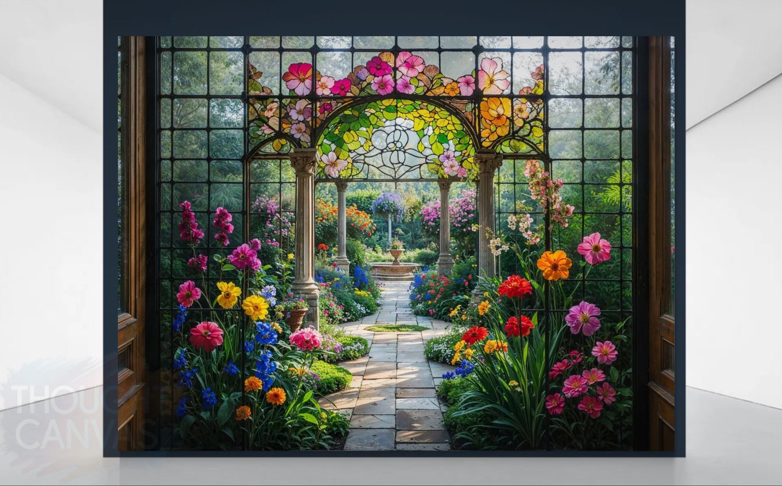 Digital illustration of an elegant garden landscape in a vibrant stained glass style. The design features a colorful array of flowers with intricate, bold outlines, mimicking a leaded glass window effect in jewel tones.