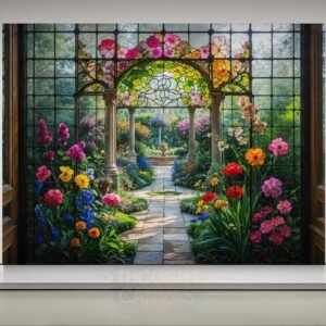 Digital illustration of an elegant garden landscape in a vibrant stained glass style. The design features a colorful array of flowers with intricate, bold outlines, mimicking a leaded glass window effect in jewel tones.