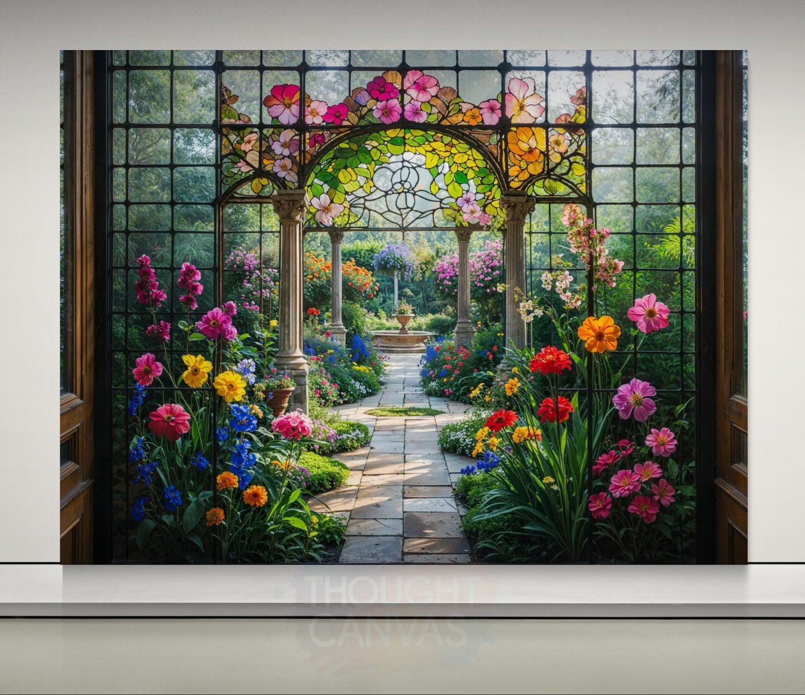 Digital illustration of an elegant garden landscape in a vibrant stained glass style. The design features a colorful array of flowers with intricate, bold outlines, mimicking a leaded glass window effect in jewel tones.